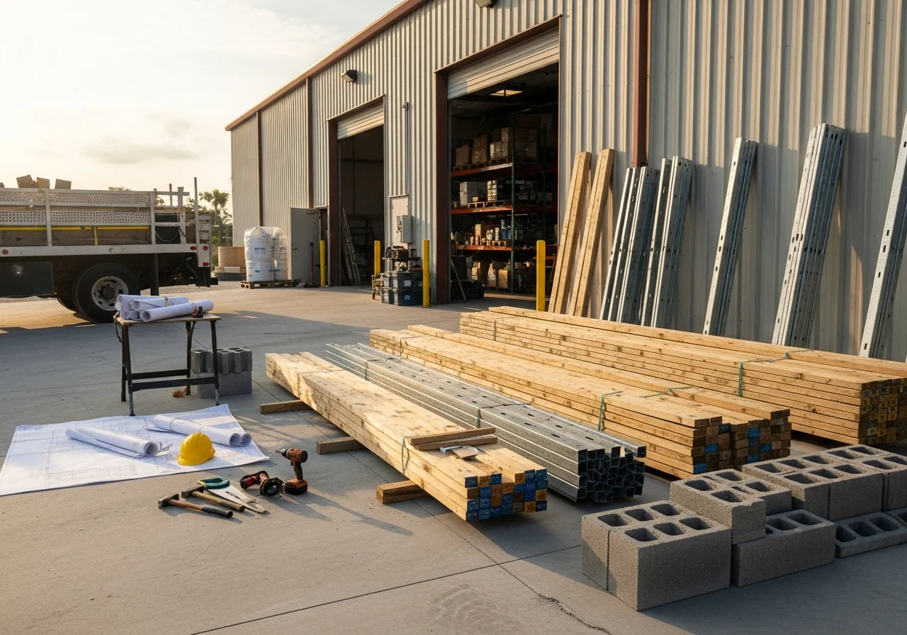 Construction crew and equipment on an active job site, showcasing professional tools and organized workspace typical of residential and commercial build projects.