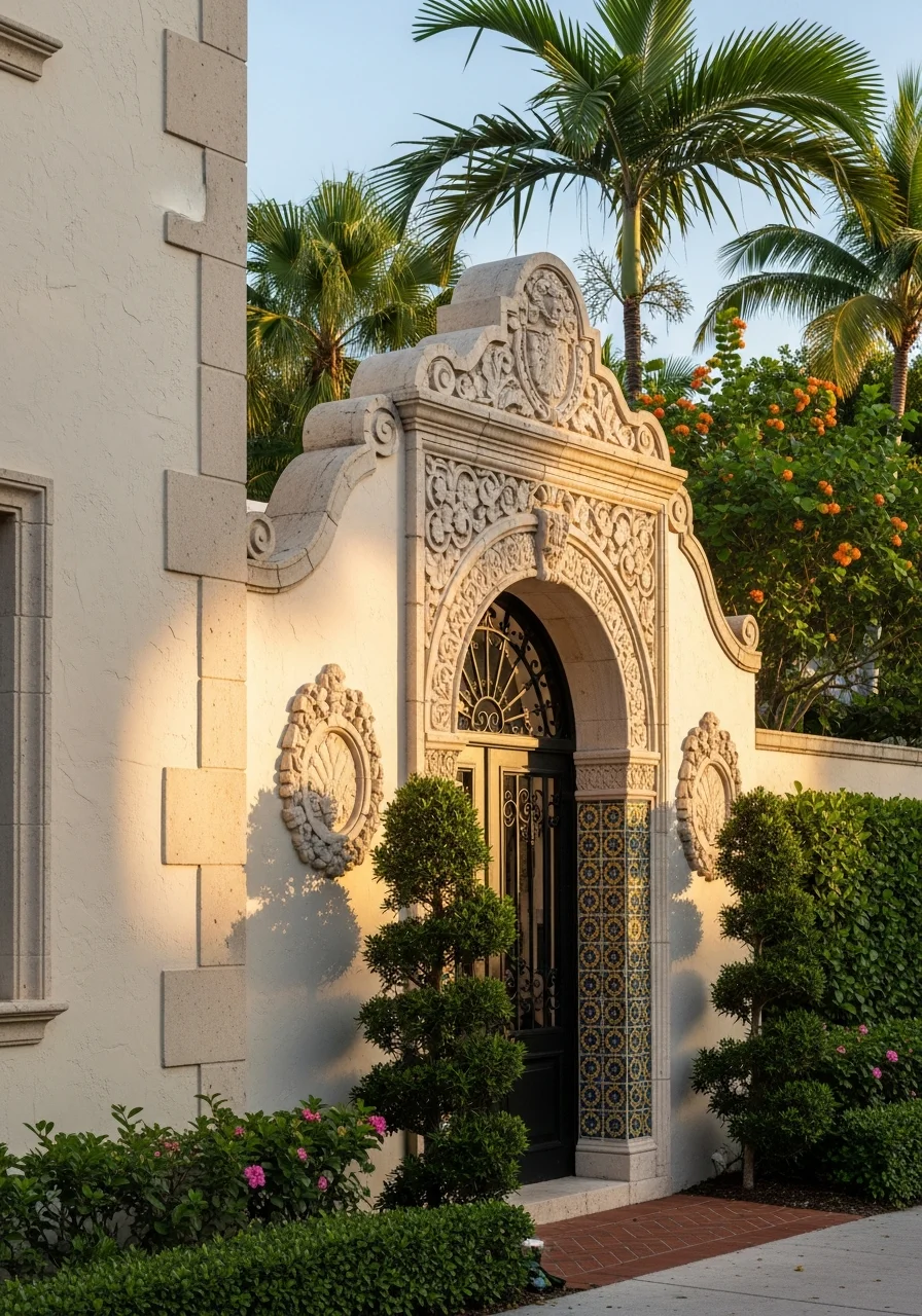 Coral Gables home facade showing characteristic arched entryway and architectural ornamentation.