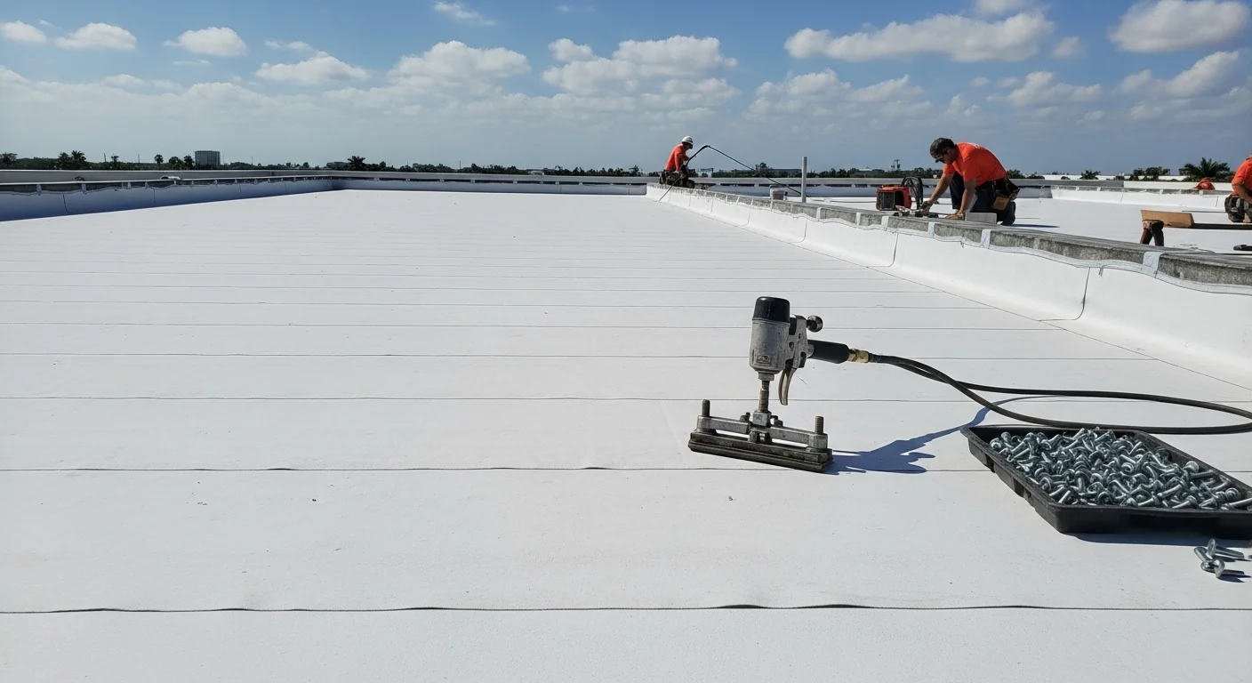 A flat commercial rooftop in South Miami showing a freshly installed membrane roofing system with clean seams, roof drains, and parapet flashing. The surrounding South Miami streetscape and low-rise commercial buildings are visible in the background.
