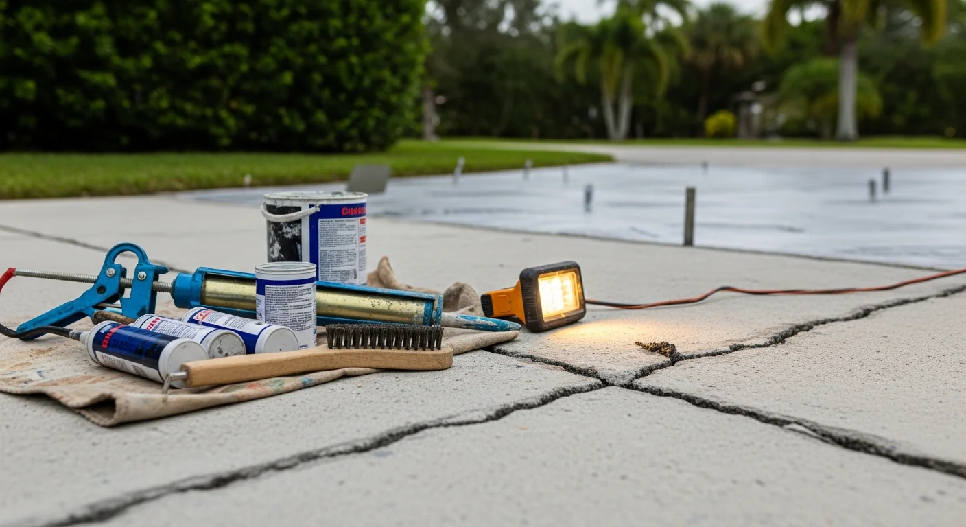 Repaired concrete driveway surface at a South Miami residential property, showing restored texture and sealed cracks. Close-up view of smooth, patched concrete against a backdrop of a typical South Miami home exterior.