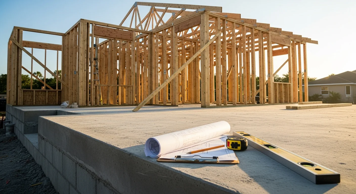 A Garcia Construction Group project manager reviewing building plans on an active residential construction site in South Miami, Florida. Framed walls and a concrete foundation are visible in the background under a clear South Florida sky.