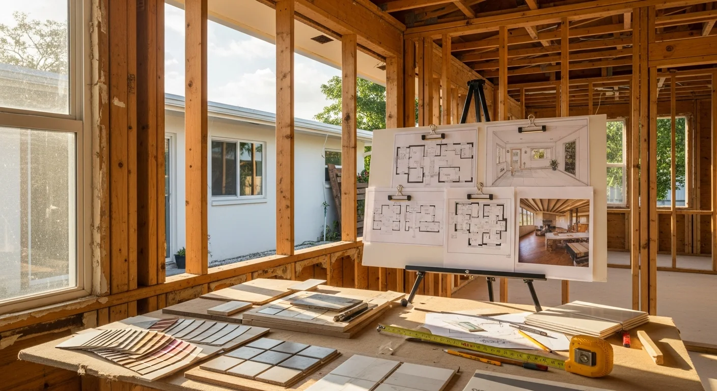 A remodeled South Miami ranch home interior showing an open-concept living and kitchen area with updated finishes and large sliding glass doors leading to an outdoor patio. The space reflects a custom design built to connect indoor and outdoor living areas common in South Florida residential remodels.