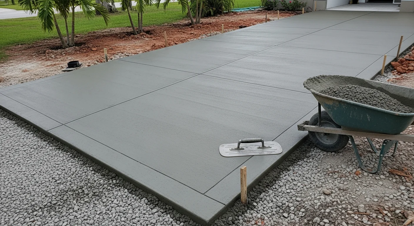 Freshly installed concrete driveway at a single-family home in South Miami, showing a smooth broom-finish surface with clean edges and a slight slope toward the street. The slab extends from the garage apron to the public sidewalk under bright South Florida sunlight.
