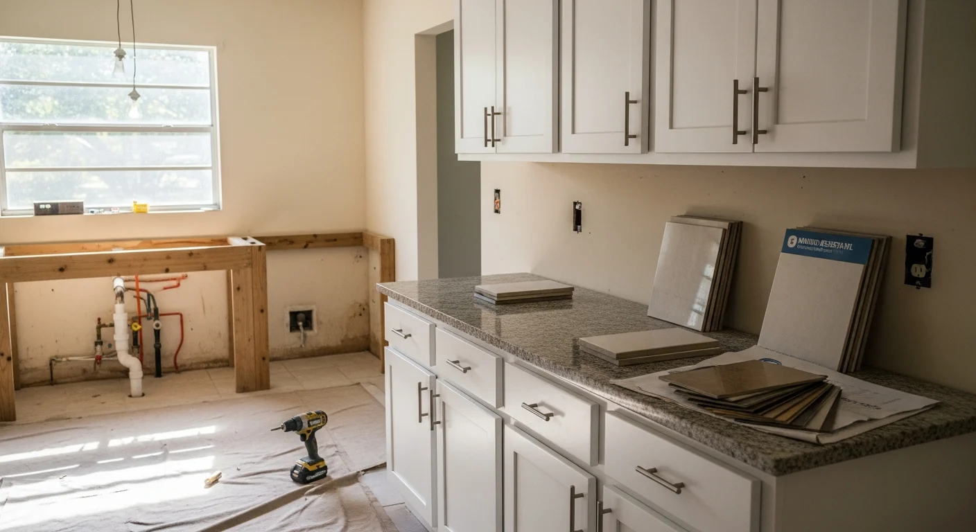 A remodeled kitchen in a South Miami single-family home featuring open-concept layout, new white cabinetry, and updated countertops. Natural light fills the space through a window above the sink, showing the contrast with the home's original closed-off design.