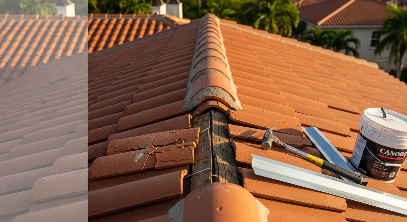 A South Miami roofing contractor repairing cracked clay tile sections on a residential roof after storm damage. Close-up view of replaced tiles and sealed flashing on a Miami-Dade area home.