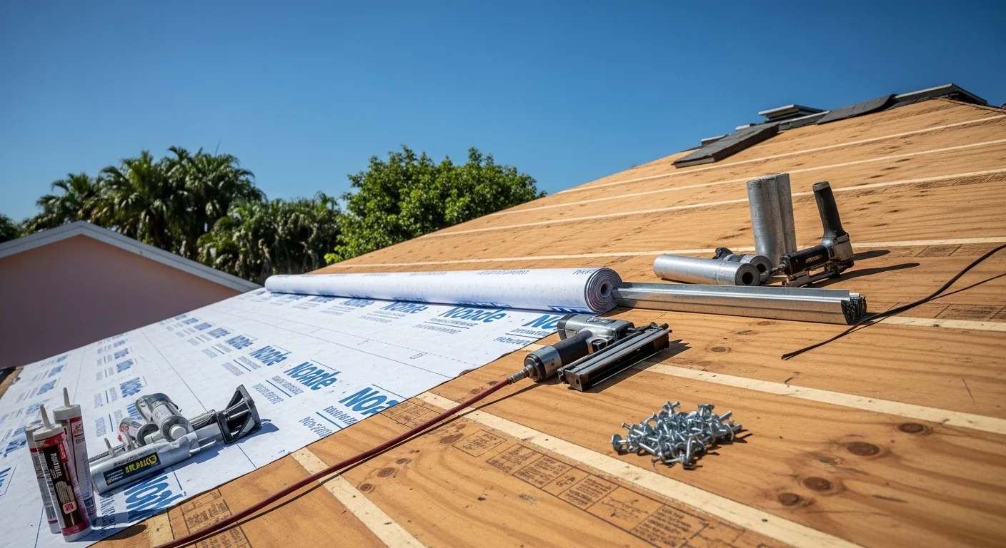 A completed residential roof replacement on a single-family home in South Miami, showing newly installed roofing material with clean flashing and drip edge details. The home sits under a clear South Florida sky, with the finished roof system visible from street level.