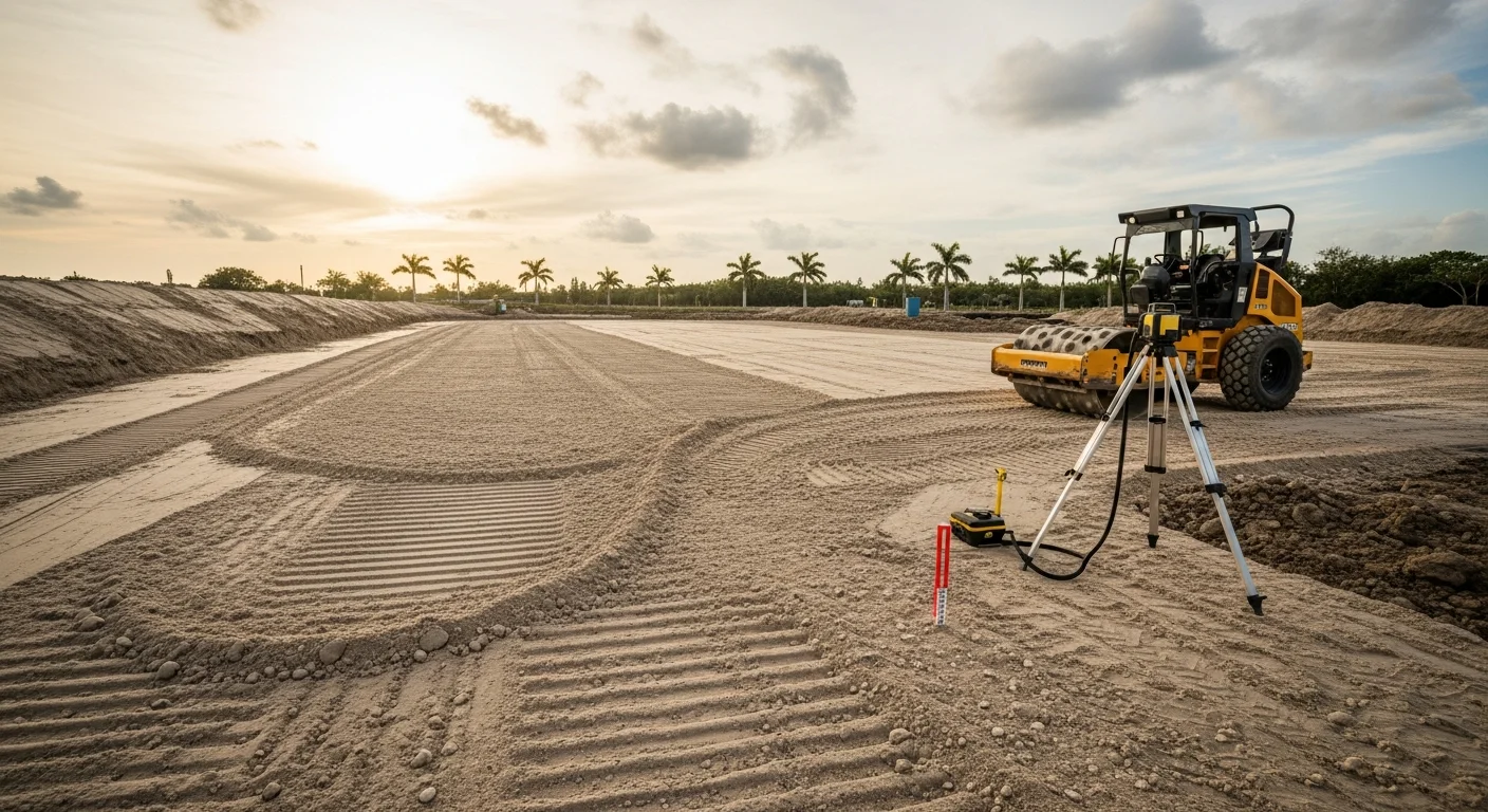 A graded and compacted dirt lot in South Miami ready for concrete work, with cleared edges and a level surface prepared for a residential slab pour. Heavy equipment tire tracks are visible across the compacted soil base.